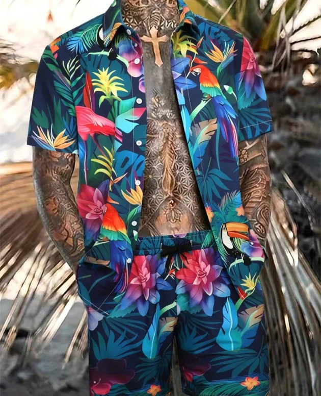Men's New Hawaiian Short-Sleeved Shirt Shorts Set Summer Daily Travel Shirt Beach Casual Drawstring Shorts Jungle Print Set