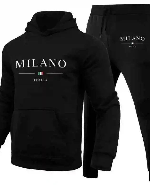 Men's Sports Hoodie Set Luxury Milan Print Sweatshirt Sweatpants Men's Hooded Top Jogger Pants Set Casual Streetwear Sportswear