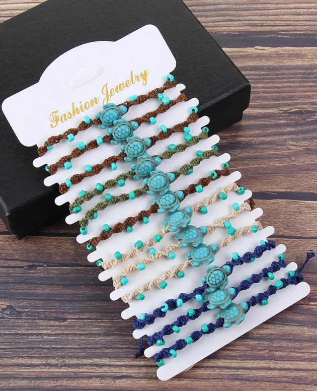 12 Pieces Set Of Shell Turtle Turquoise Woven Bracelet Vintage Men and Women Beach Surfing Friendship Bracelet