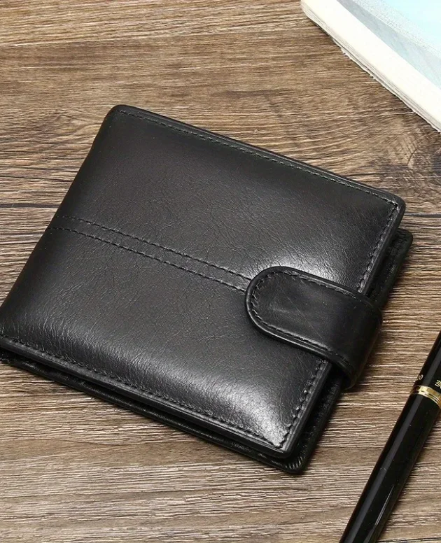 Men's Genuine Leather Wallet, Rfid Anti-Theft Brush, Anti-Magnetic, Short Coin Purse, Large Capacity, Multi-Slot Buckle Wallet