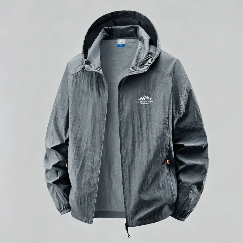 UPF50+ Men's Hooded Sun Protection Jacket Lightweight Outdoor Windbreaker Quick Dry Breathable UV Coat for Hiking Skin Coat