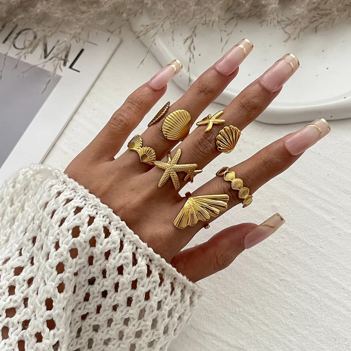 Ocean Starfish Shell Open Ring Set For Women Gold Color Stainless Steel Finger Rings Summer Beach Aesthetic Waterproof Jewelry
