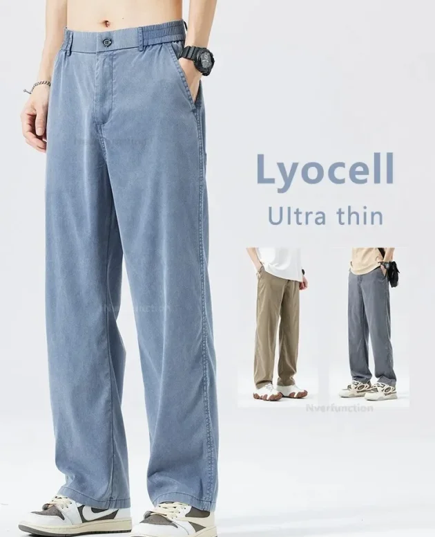 Ultra Thin Baggy Jeans Men's Summer New in Lyocell Soft Breathable Straight Trousers Elastic Waist Casual Blue Gray Wide Pants