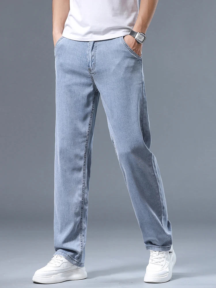 Summer Ultra-thin Men's Jeans Lyocell Soft Breathable Loose Straight Light Blue Denim Pants Business Casual Ice Silk Trousers - Image 3