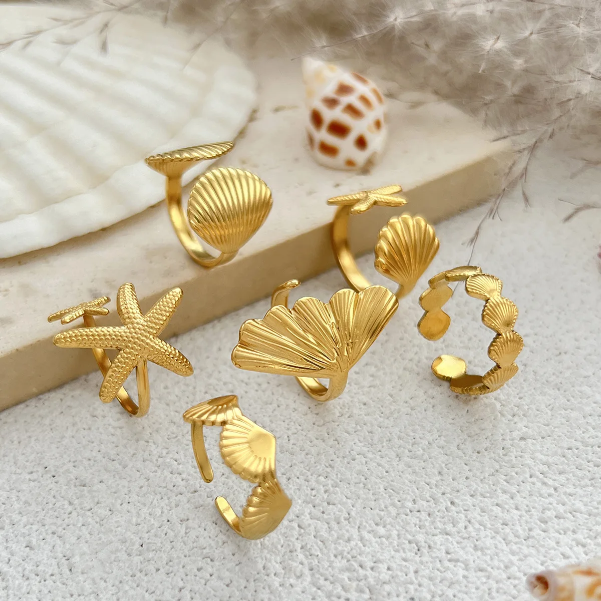 Ocean Starfish Shell Open Ring Set For Women Gold Color Stainless Steel Finger Rings Summer Beach Aesthetic Waterproof Jewelry - Image 6