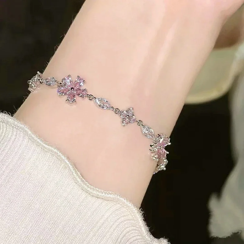 Elegant Fairy Pink Crystal Zircon Sakura Flowers Bracelet for Women Y2K Sweet Girls Cherry Blossom Moon Bow Knot Jewelry Gifts - Image 3