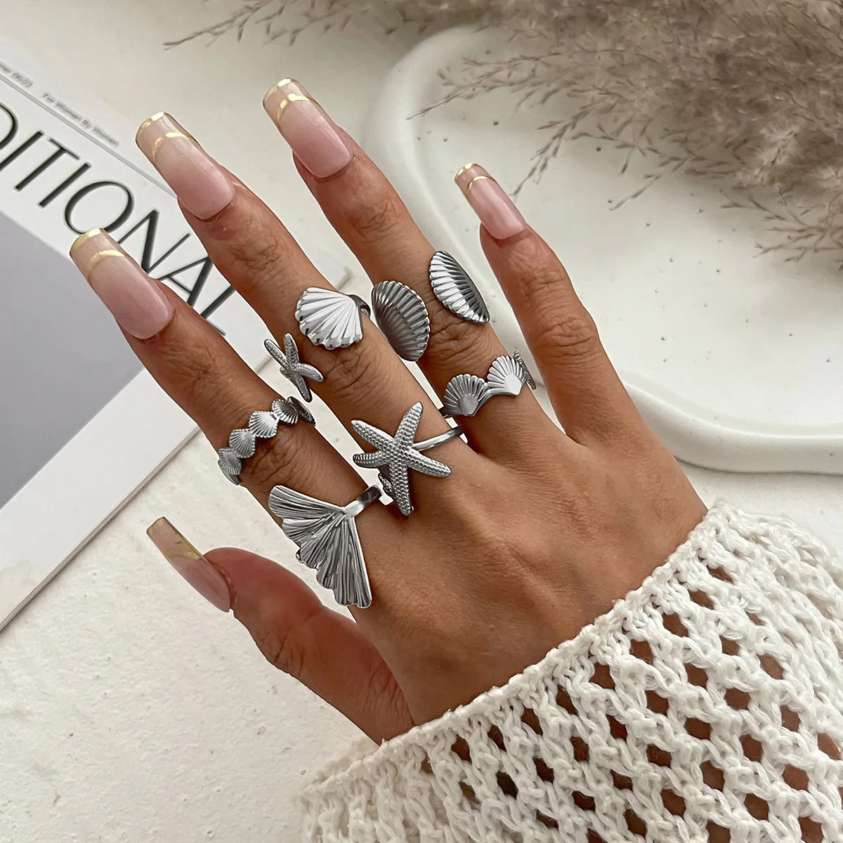 Ocean Starfish Shell Open Ring Set For Women Gold Color Stainless Steel Finger Rings Summer Beach Aesthetic Waterproof Jewelry - Image 3