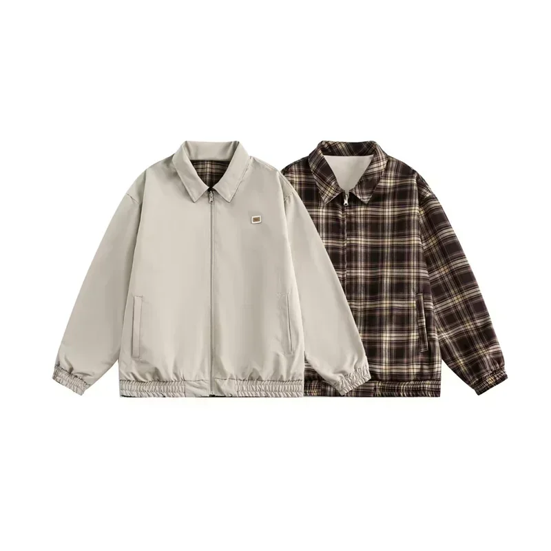Winter Vintage Plaid Zipper Reversible Jacket For Men Autumn Lapel Baseball Uniform Y2K Streetwear Outerwear Bomber jackets - Image 4