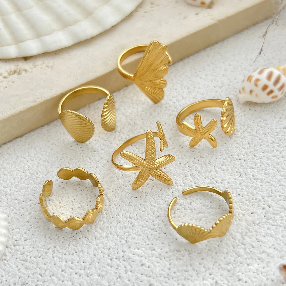 Ocean Starfish Shell Open Ring Set For Women Gold Color Stainless Steel Finger Rings Summer Beach Aesthetic Waterproof Jewelry - Image 5