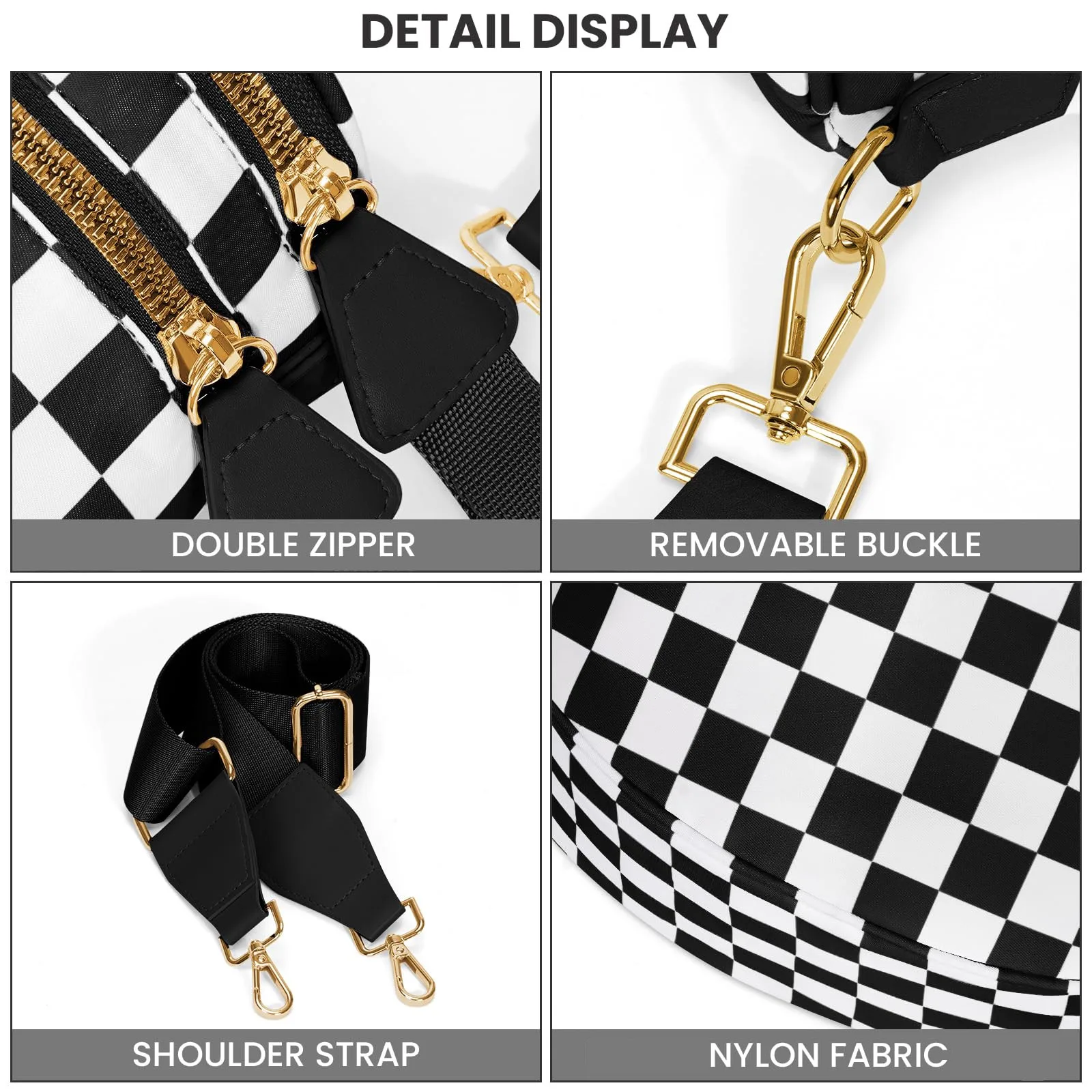 DOYOGI Black and White Checkered Spacious Bum Bag Crossbody Bags for Women Nylon Travel essentials Mommy Bag Diaper Bag for Mom - Image 2