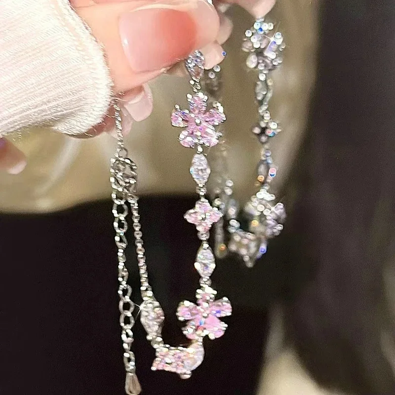 Elegant Fairy Pink Crystal Zircon Sakura Flowers Bracelet for Women Y2K Sweet Girls Cherry Blossom Moon Bow Knot Jewelry Gifts - Image 4