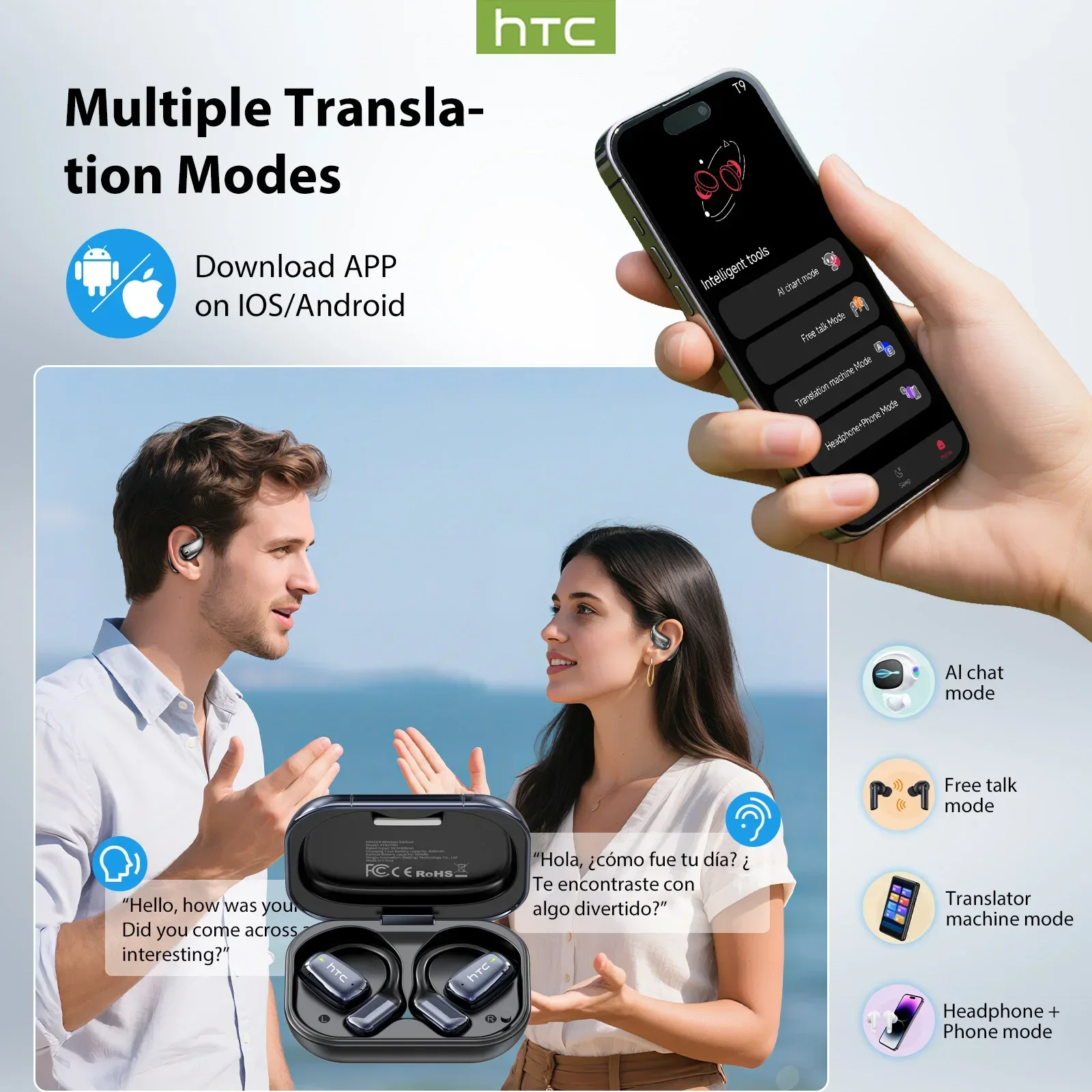 【AI Translator Earbuds】HTC NE25 Bluetooth Earphones LCD Touch Screen Sport Wireless Headphones Long Life with HD Mic - Image 5