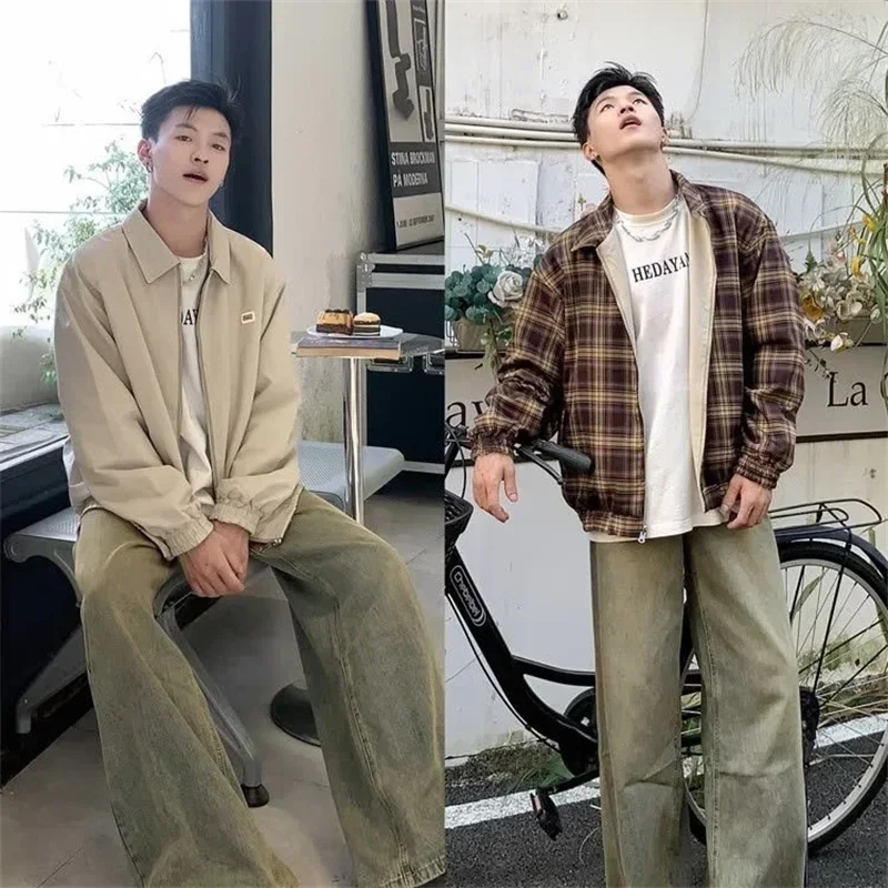 Winter Vintage Plaid Zipper Reversible Jacket For Men Autumn Lapel Baseball Uniform Y2K Streetwear Outerwear Bomber jackets - Image 5