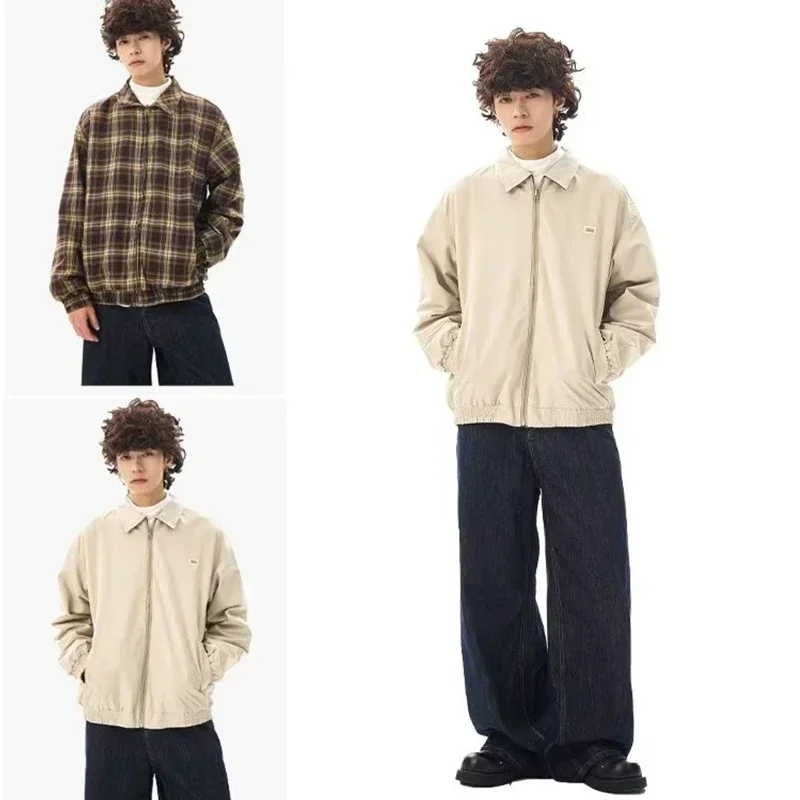 Winter Vintage Plaid Zipper Reversible Jacket For Men Autumn Lapel Baseball Uniform Y2K Streetwear Outerwear Bomber jackets - Image 6