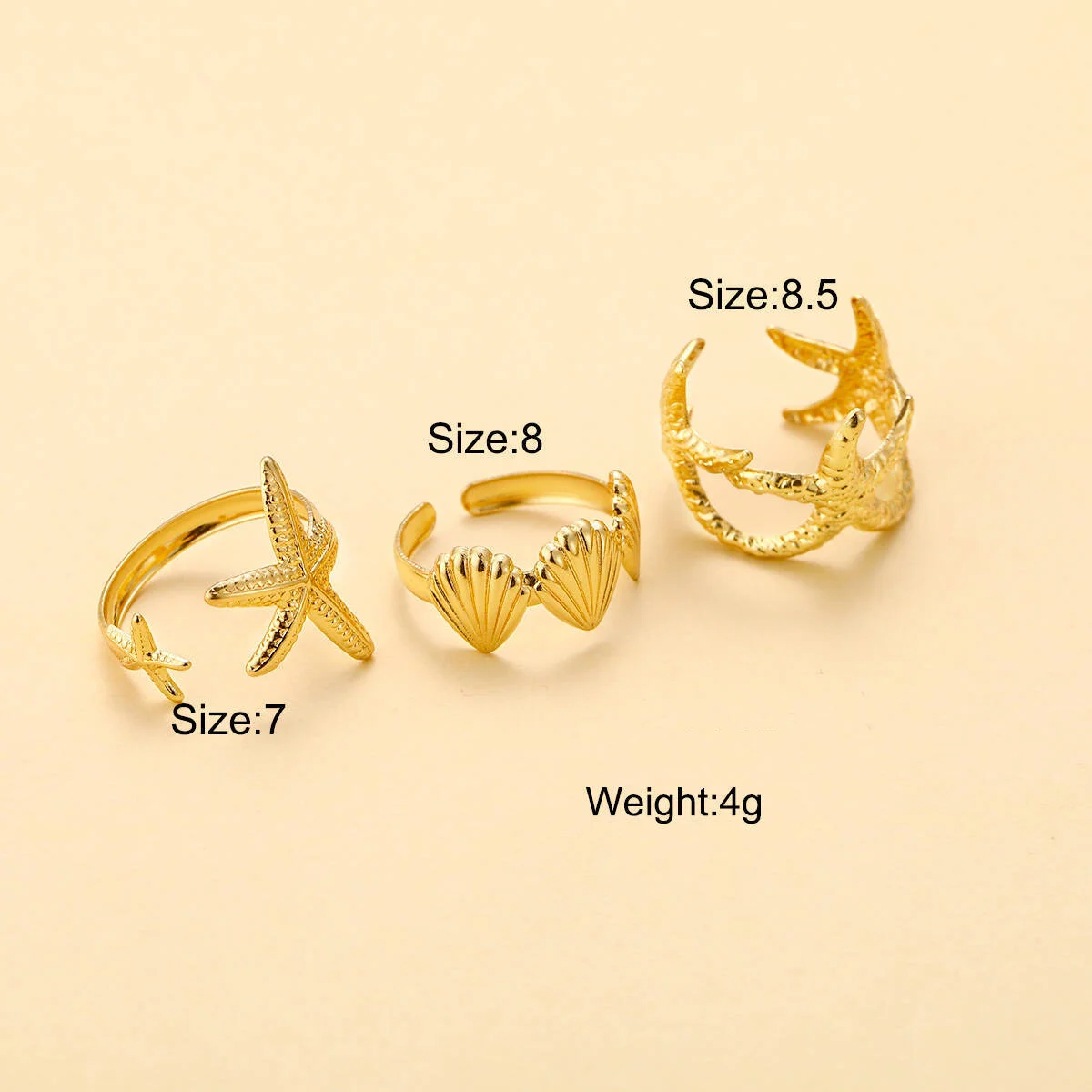 Punk Starfish Scallop Adjustable Open Rings Set for Women Trendy Geometric Gold Color Metal Irregular Ring Summer Beach Jewelry - Image 6