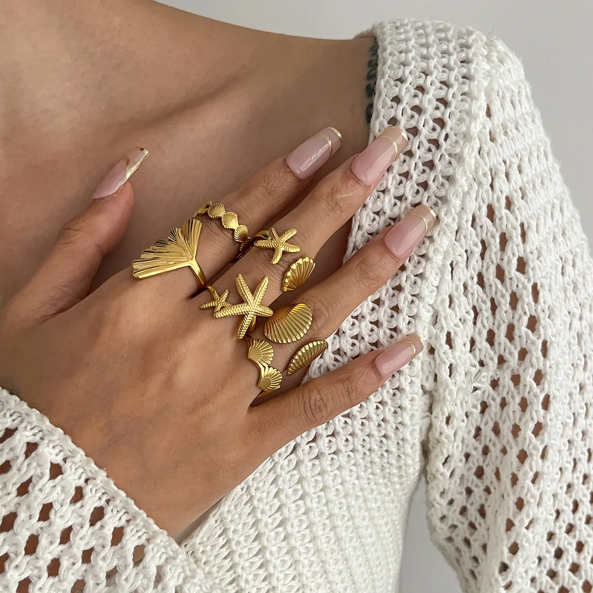 Ocean Starfish Shell Open Ring Set For Women Gold Color Stainless Steel Finger Rings Summer Beach Aesthetic Waterproof Jewelry - Image 4