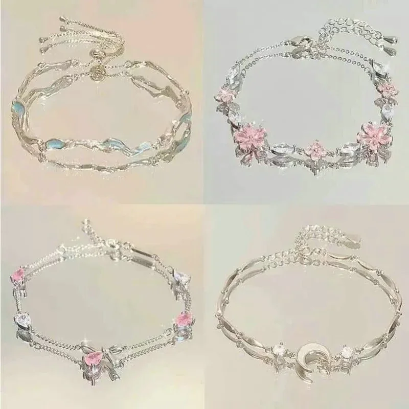 Elegant Fairy Pink Crystal Zircon Sakura Flowers Bracelet for Women Y2K Sweet Girls Cherry Blossom Moon Bow Knot Jewelry Gifts - Image 6