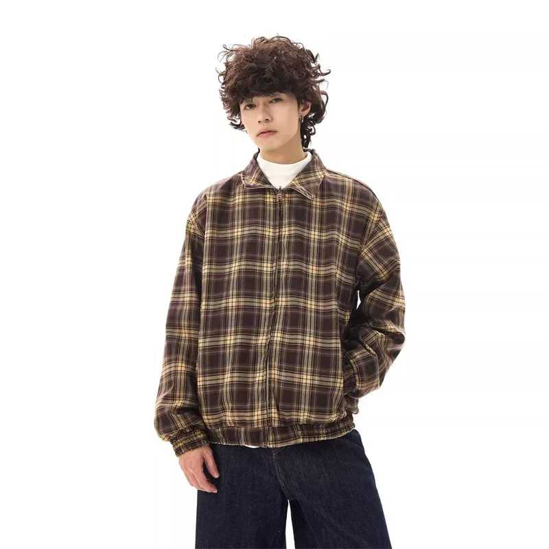Winter Vintage Plaid Zipper Reversible Jacket For Men Autumn Lapel Baseball Uniform Y2K Streetwear Outerwear Bomber jackets - Image 3