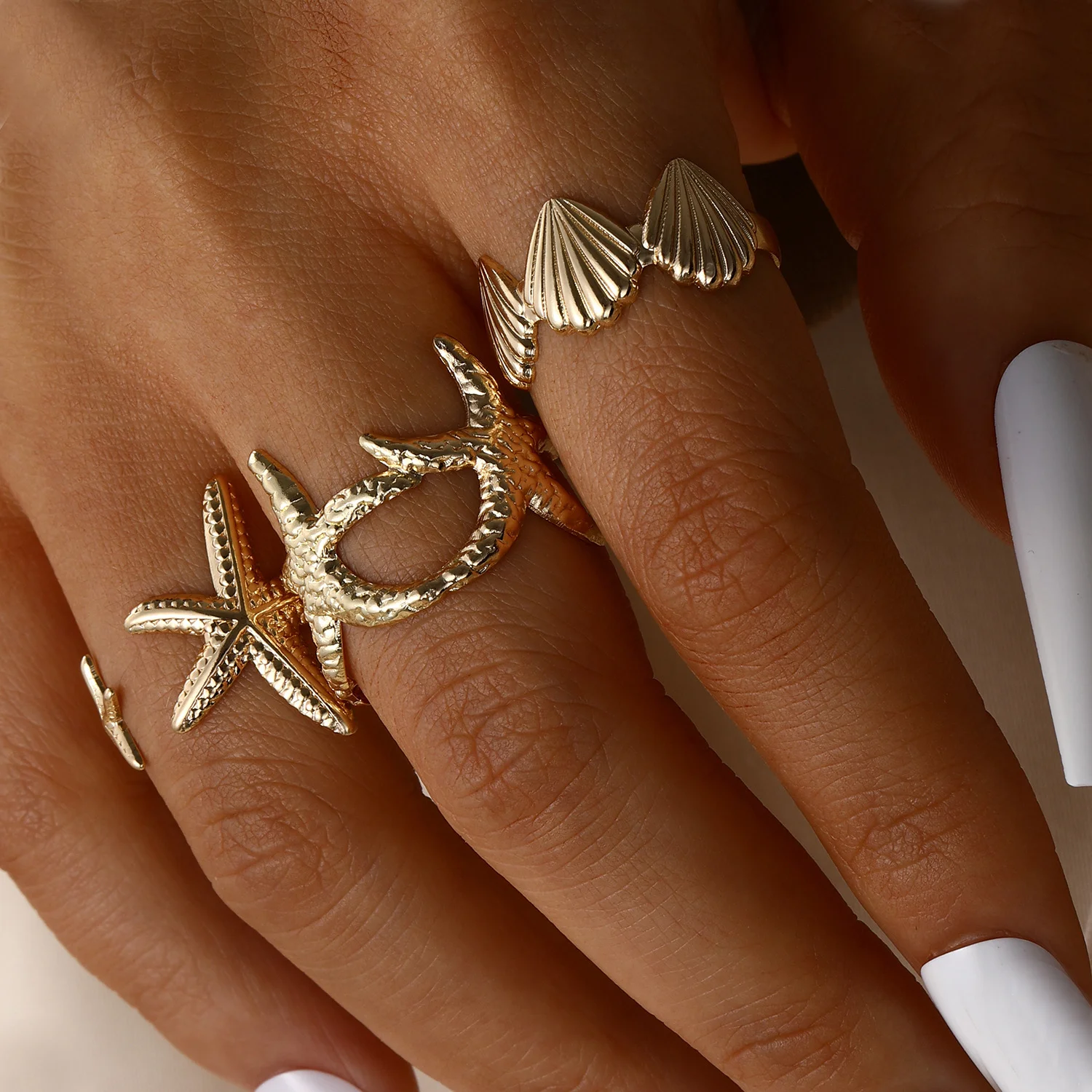 Punk Starfish Scallop Adjustable Open Rings Set for Women Trendy Geometric Gold Color Metal Irregular Ring Summer Beach Jewelry - Image 2