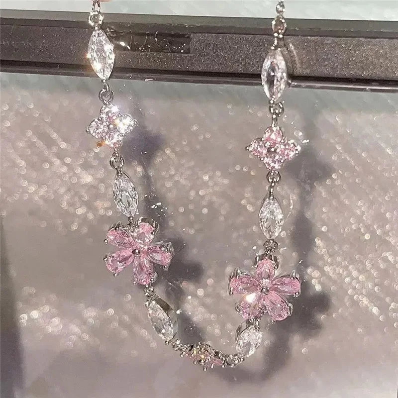 Elegant Fairy Pink Crystal Zircon Sakura Flowers Bracelet for Women Y2K Sweet Girls Cherry Blossom Moon Bow Knot Jewelry Gifts - Image 5